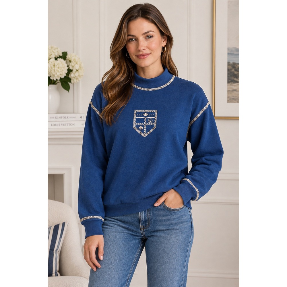 St John Sport Marie Gray Blue Mock Neck Crest Sweatshirt Gold Trim Size S Italy